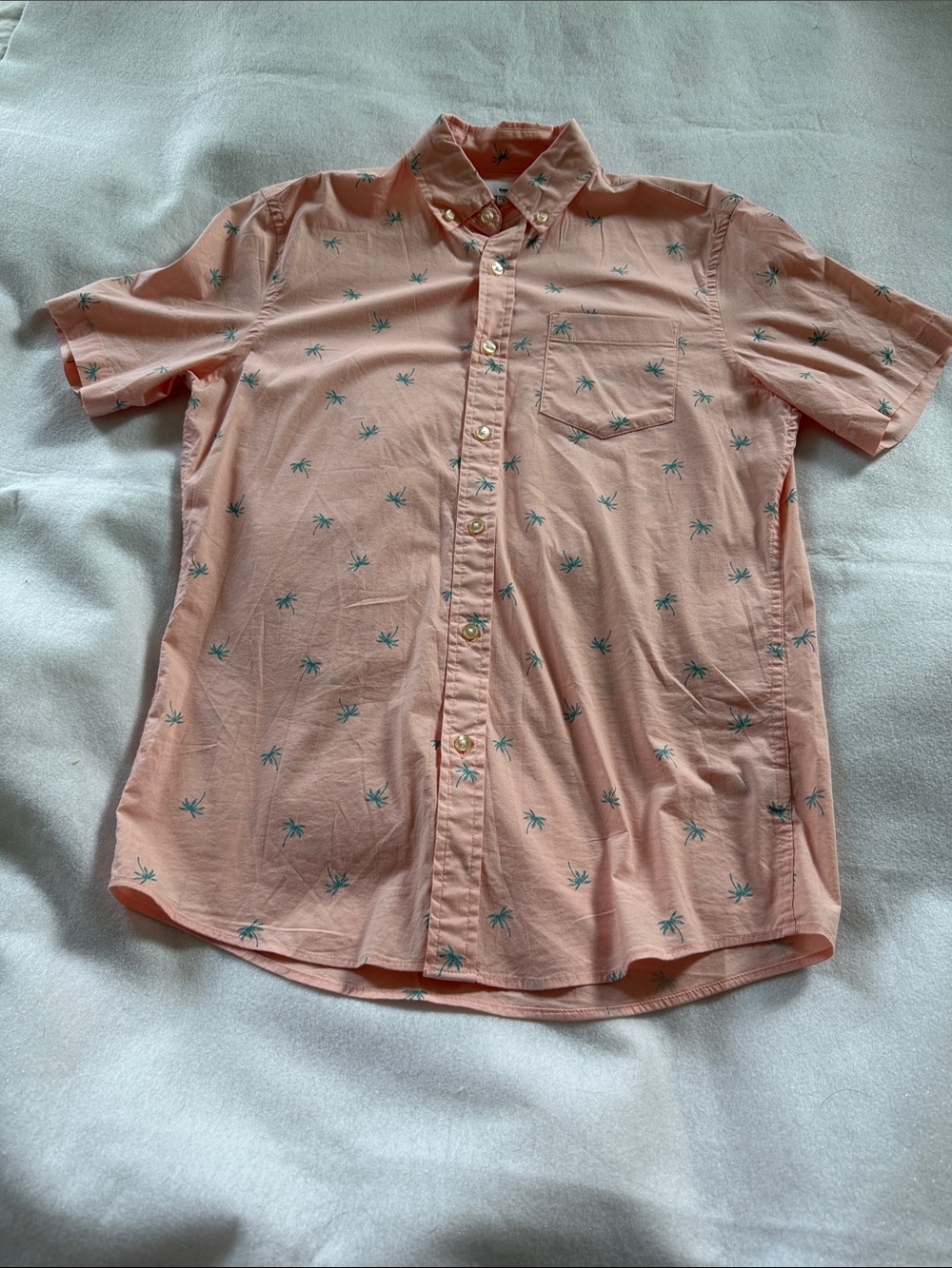 Sonoma Peach Short-Sleeve Button-Down Shirt with Teal Palm Print